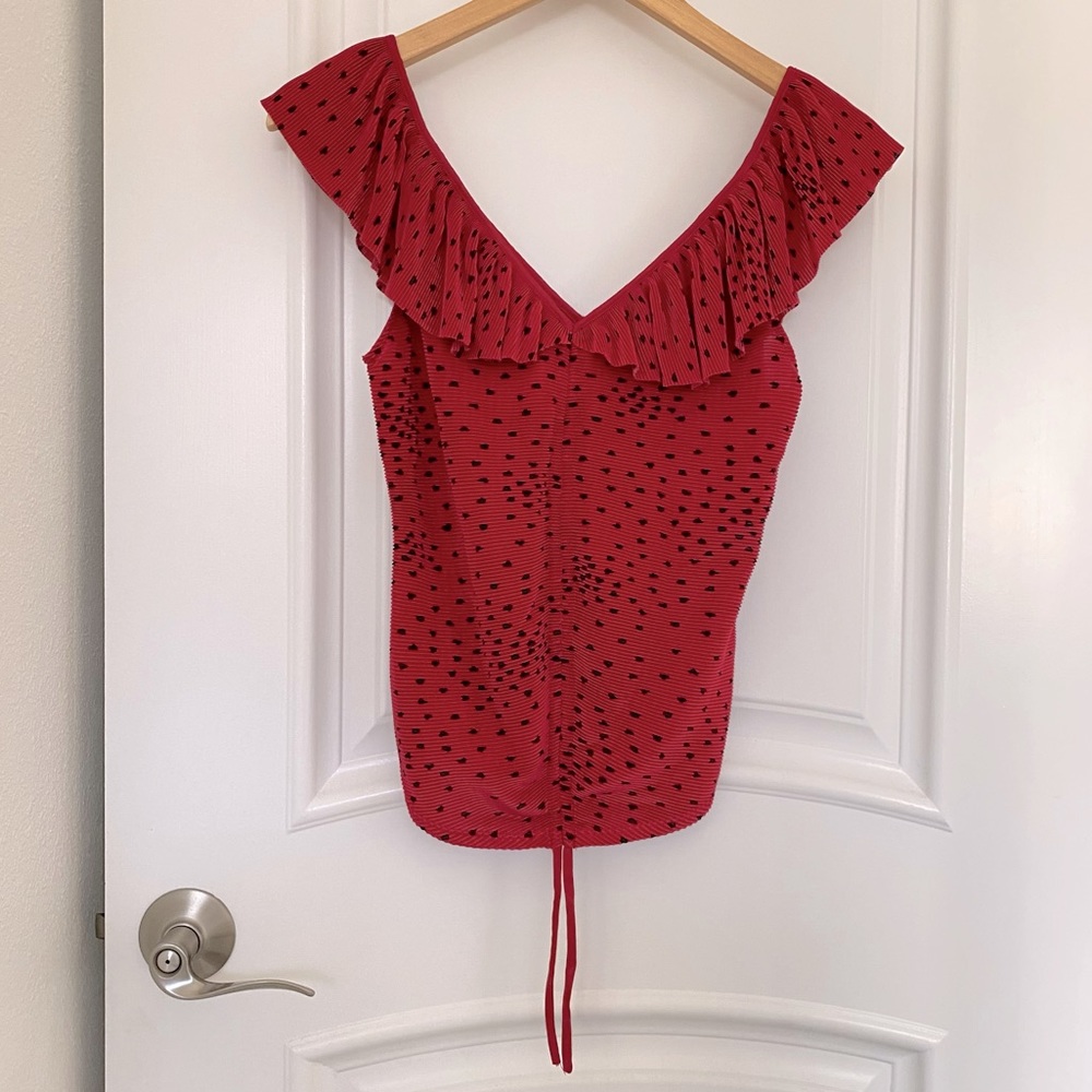 Express Womens front scrunch tank top. Pink with black polka dots. Size XS.